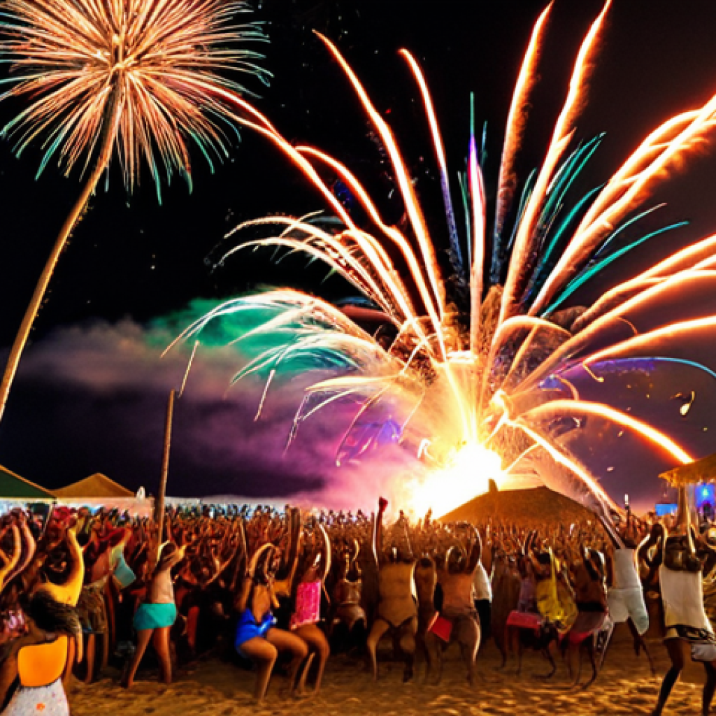 **Image Prompt:** A vibrant beach party scene in Sal, Cape Verde, at night. Capture the energy with people dancing to Funaná music played by a live band on a stage. Fireworks explode over the ocean in the background, illuminating the scene with colorful light. Tables laden with grilled fish and Grogue can be spotted. The overall atmosphere should convey a sense of celebration and joy.