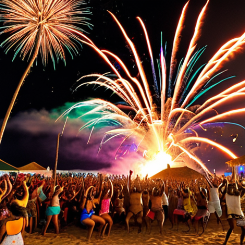 Home 4 **Image Prompt:** A vibrant beach party scene in Sal, Cape Verde, at night. Capture the energy with people dancing to Funaná music played by a live band on a stage. Fireworks explode over the ocean in the background, illuminating the scene with colorful light. Tables laden with grilled fish and Grogue can be spotted. The overall atmosphere should convey a sense of celebration and joy.