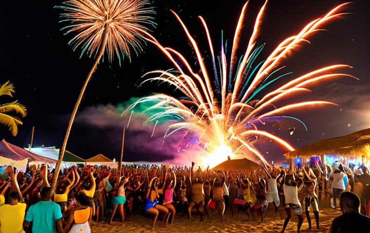 **Image Prompt:** A vibrant beach party scene in Sal, Cape Verde, at night. Capture the energy with people dancing to Funaná music played by a live band on a stage. Fireworks explode over the ocean in the background, illuminating the scene with colorful light. Tables laden with grilled fish and Grogue can be spotted. The overall atmosphere should convey a sense of celebration and joy.