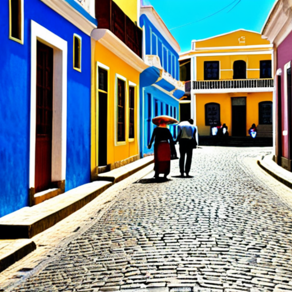 Colorful Street Scene in Mindelo, São Vicente**
"A vibrant street scene in Mindelo, Cape Verde. People are walking along cobblestone streets lined with colorful colonial buildings. A few vendors are selling local crafts and fresh produce. Music drifts from an open doorway. Fully clothed, appropriate attire, safe for work, perfect anatomy, natural proportions, professional photography, high quality. Afternoon sunlight, cheerful atmosphere."
**