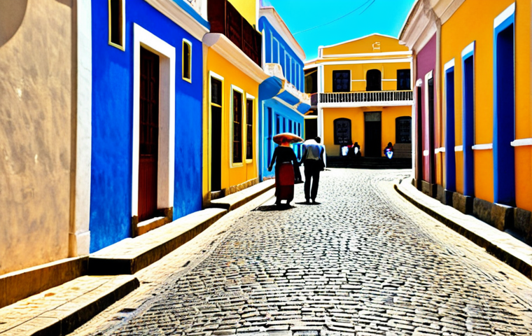 Colorful Street Scene in Mindelo, S&atilde;o Vicente**

"A vibrant street scene in Mindelo, Cape Verde.  People are walking along cobblestone streets lined with colorful colonial buildings.  A few vendors are selling local crafts and fresh produce.  Music drifts from an open doorway.  Fully clothed, appropriate attire, safe for work, perfect anatomy, natural proportions, professional photography, high quality.  Afternoon sunlight, cheerful atmosphere."

**