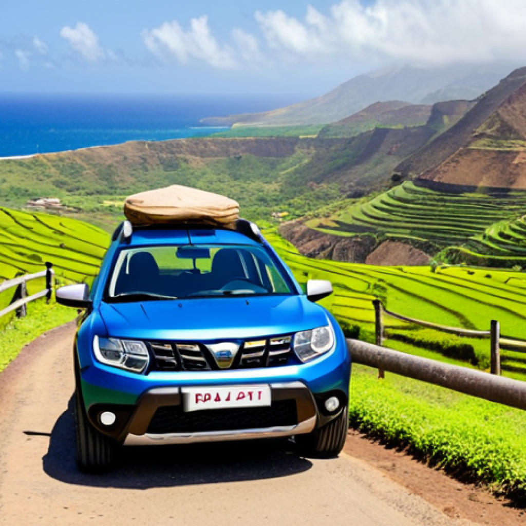 **
"A fully clothed traveler wearing a sun hat and practical hiking clothes stands beside a rented SUV (a Dacia Duster would be appropriate), parked on a scenic overlook on Santo Antão, Cape Verde. Rolling green hills and terraced farmland stretch into the distance. The scene is bathed in warm sunlight. Safe for work, appropriate content, professional travel photography, perfect anatomy, natural proportions, family-friendly."
**