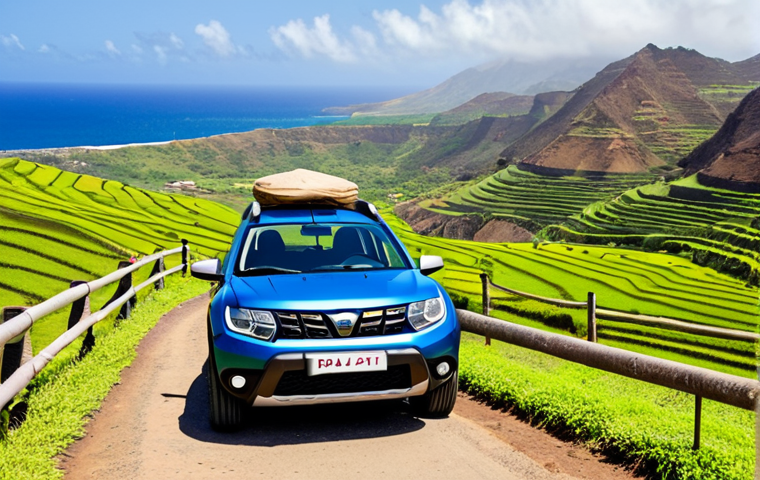 **

"A fully clothed traveler wearing a sun hat and practical hiking clothes stands beside a rented SUV (a Dacia Duster would be appropriate), parked on a scenic overlook on Santo Ant&atilde;o, Cape Verde. Rolling green hills and terraced farmland stretch into the distance. The scene is bathed in warm sunlight. Safe for work, appropriate content, professional travel photography, perfect anatomy, natural proportions, family-friendly."

**