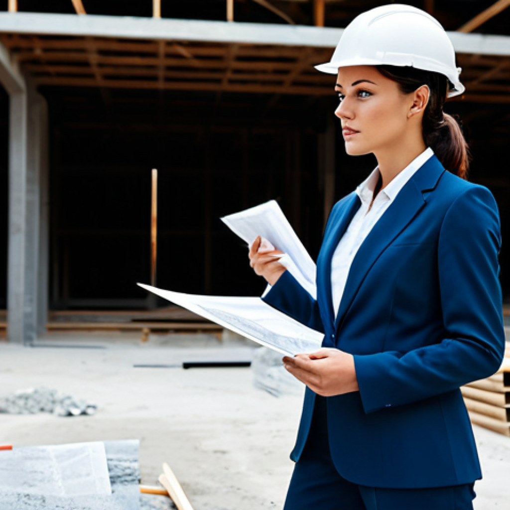 **

"A professional female architect in a modest, stylish business outfit (pantsuit), reviewing blueprints on a construction site, hard hat on head, fully clothed, appropriate attire, safe for work, perfect anatomy, natural proportions, professional photography, bright daylight."

**