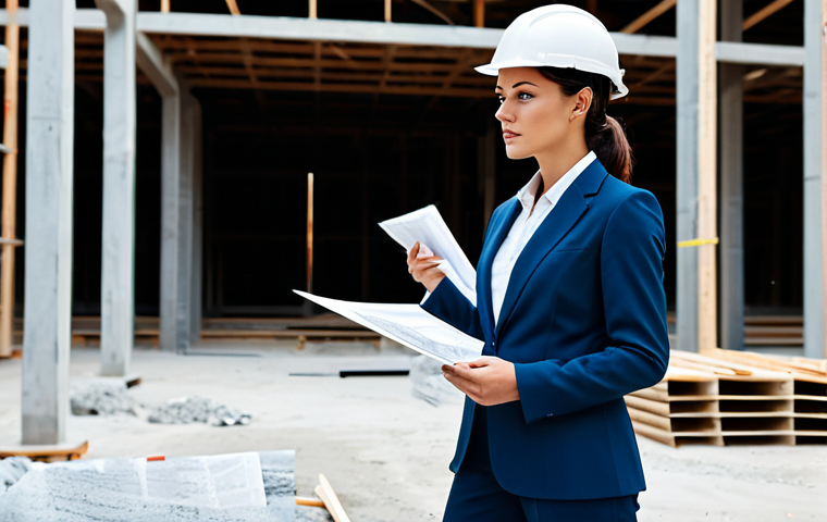 **
"A professional female architect in a modest, stylish business outfit (pantsuit), reviewing blueprints on a construction site, hard hat on head, fully clothed, appropriate attire, safe for work, perfect anatomy, natural proportions, professional photography, bright daylight."
**