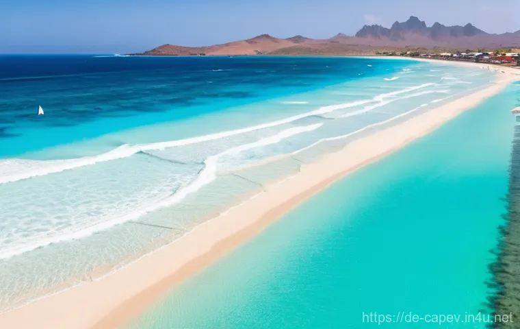 카보베르데 부동산 시장 - A vibrant and bustling scene on Sal, Cape Verde. Crystal-clear turquoise water laps against a wide e...