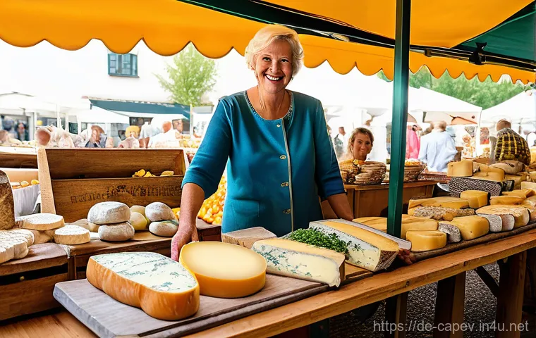 카보베르데 고트 치즈 - **Vibrant German Local Cheese Market**: A bustling, sun-drenched scene at a traditional German farme...