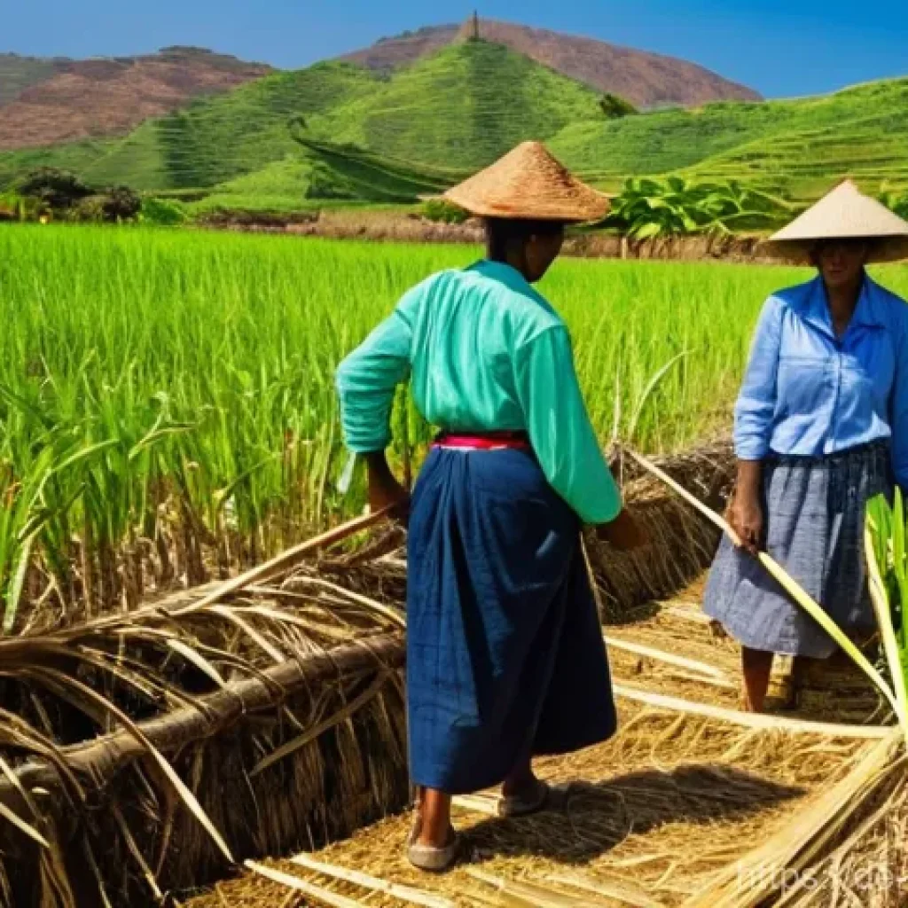 카보베르데 전통 럼주 - **Subject:** A picturesque scene capturing the traditional sugarcane harvest and artisanal grogue pr...