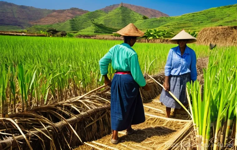 카보베르데 전통 럼주 - **Subject:** A picturesque scene capturing the traditional sugarcane harvest and artisanal grogue pr...