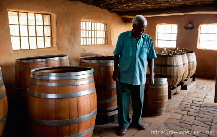 카보베르데 전통 럼주 - **Subject:** A warm and convivial gathering of adult Cape Verdeans enjoying Grogue in a relaxed, soc...