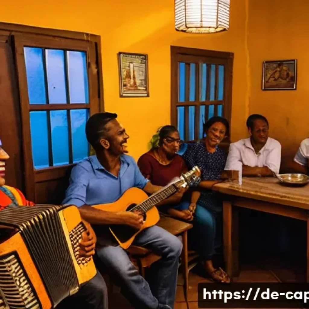 카보베르데 전통문화 체험 - **Prompt:** A vibrant, atmospheric scene inside a cozy, dimly lit local bar in Mindelo, Cape Verde. ...