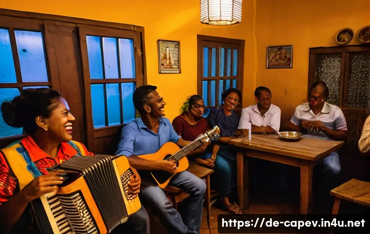 카보베르데 전통문화 체험 - **Prompt:** A vibrant, atmospheric scene inside a cozy, dimly lit local bar in Mindelo, Cape Verde. ...