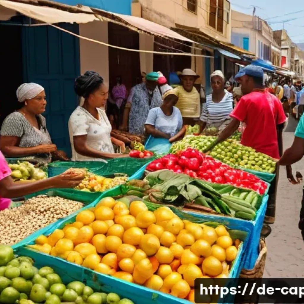 카보베르데 포르투갈어 vs 크리올어 - **Prompt:** A bustling, sun-drenched street market scene in Mindelo, Cape Verde. Numerous local vend...