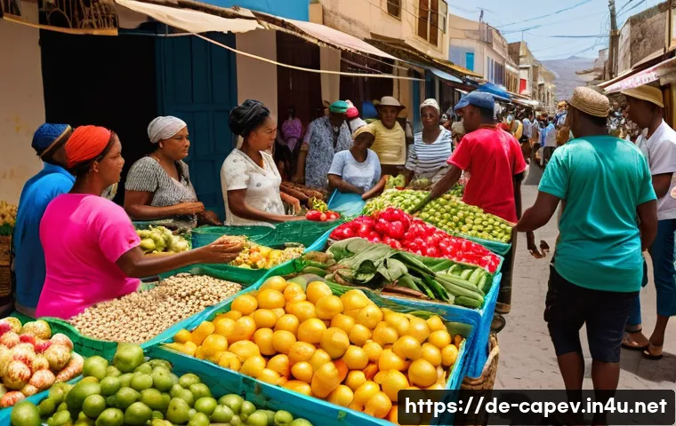 카보베르데 포르투갈어 vs 크리올어 - **Prompt:** A bustling, sun-drenched street market scene in Mindelo, Cape Verde. Numerous local vend...