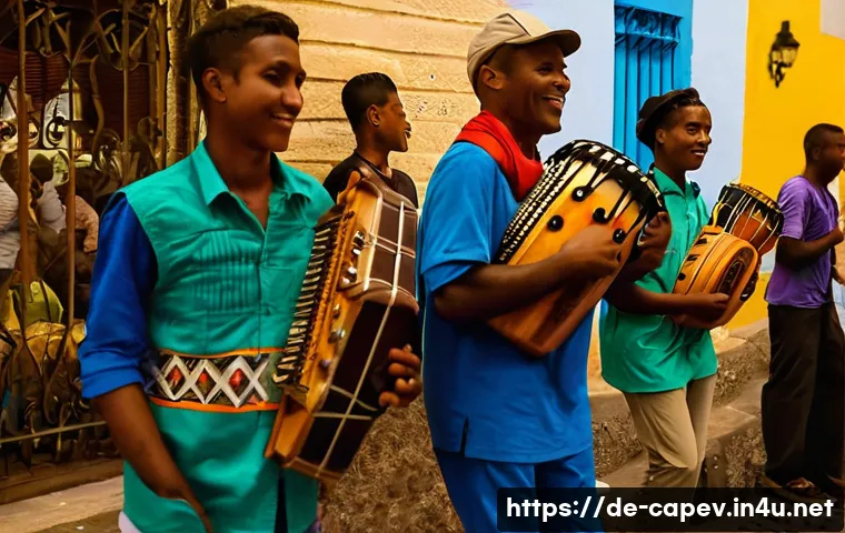 카보베르데 관광산업 성장 - A vibrant street scene in Mindelo, São Vicente island, showcasing a lively music festival with local...