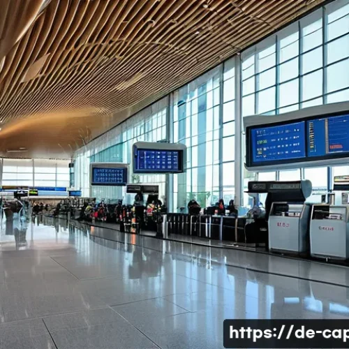 카보베르데 항공편 직항 - A bustling European airport terminal with modern architecture, showing travelers from Germany prepar...