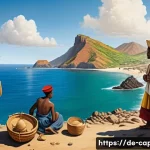 카보베르데 포르투갈 식민 역사 - A detailed historical scene depicting Portuguese sailors in the year 1456 discovering the Cape Verde...