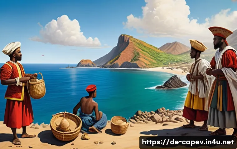 카보베르데 포르투갈 식민 역사 - A detailed historical scene depicting Portuguese sailors in the year 1456 discovering the Cape Verde...