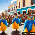카보베르데 국제적 유명 인물 - A vibrant street scene from the Mindelo Carnival in Cape Verde, showcasing a diverse crowd joyfully ...