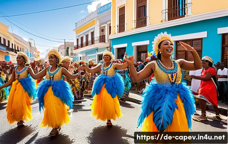 카보베르데 국제적 유명 인물 - A vibrant street scene from the Mindelo Carnival in Cape Verde, showcasing a diverse crowd joyfully ...