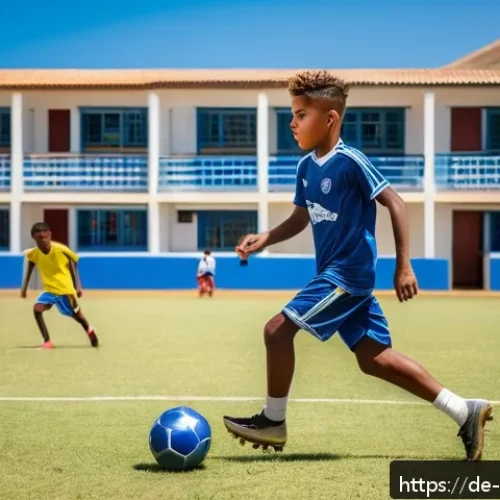카보베르데 출신 축구선수 - A dynamic scene of a young Cape Verdean football talent training on a sunny local football pitch on ...