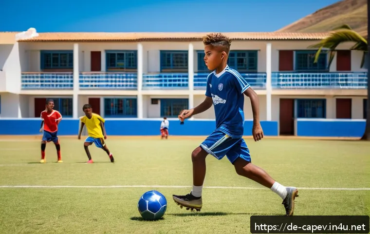 카보베르데 출신 축구선수 - A dynamic scene of a young Cape Verdean football talent training on a sunny local football pitch on ...