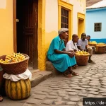 카보베르데 대표 요리 - A vibrant street market scene in Cape Verde during a sunny day, showcasing colorful stalls filled wi...