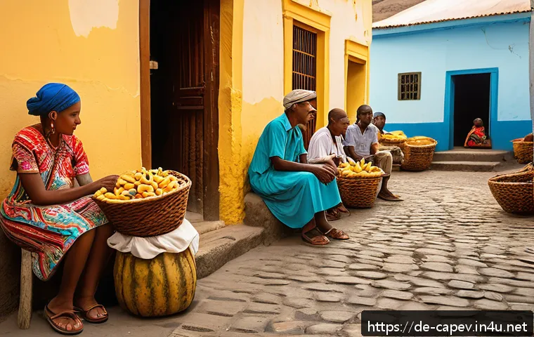 카보베르데 대표 요리 - A vibrant street market scene in Cape Verde during a sunny day, showcasing colorful stalls filled wi...