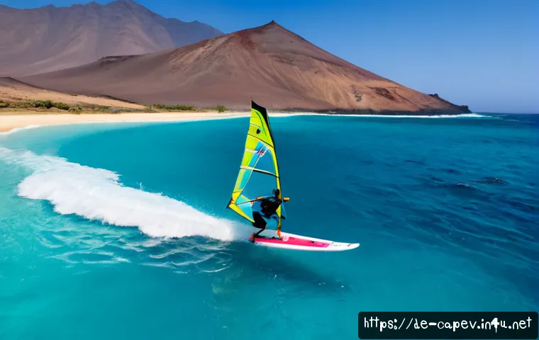 카보베르데 해양 스포츠 - Photorealistic windsurfing scene off Sal Island, Cape Verde, a confident adult rider carving across ...